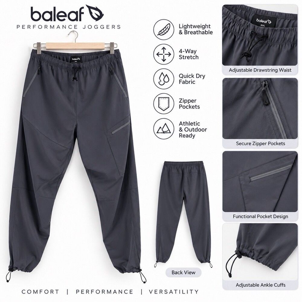 Baleaf Pants Mens 3xl GRY Windbreaker Pullon Drawstring Active Running Outdoor